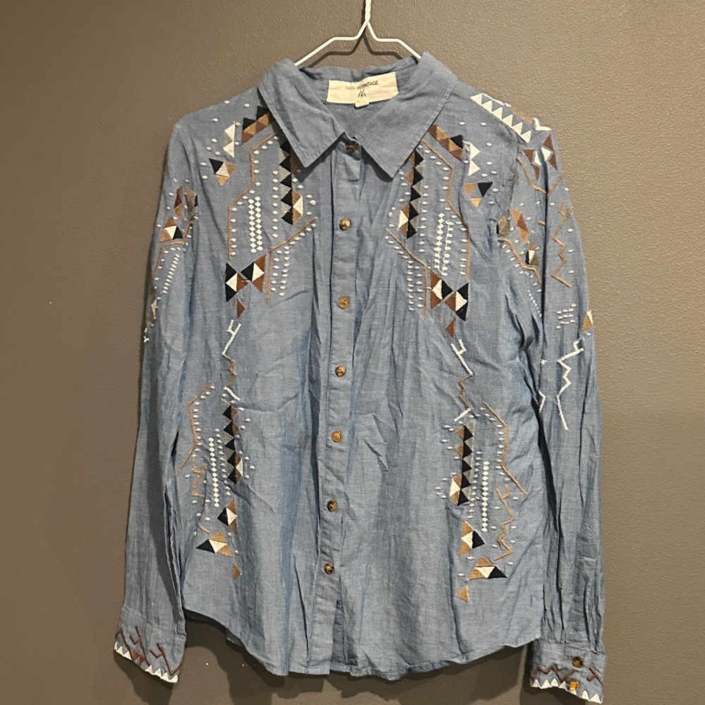 Embroidered Button Down Shirt - Blue